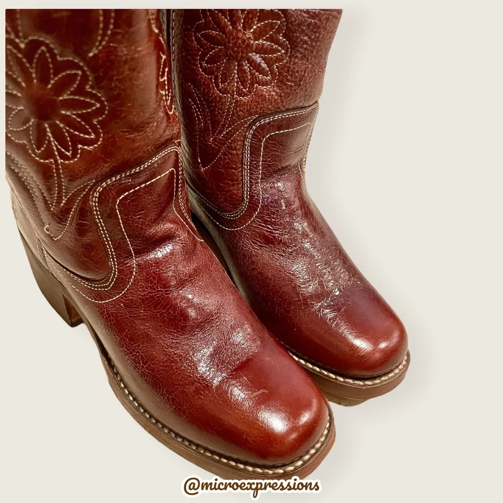 RARE 1960s Frye Vintage Embroider Brown Campus Western Cowboy Floral Stitch Boot